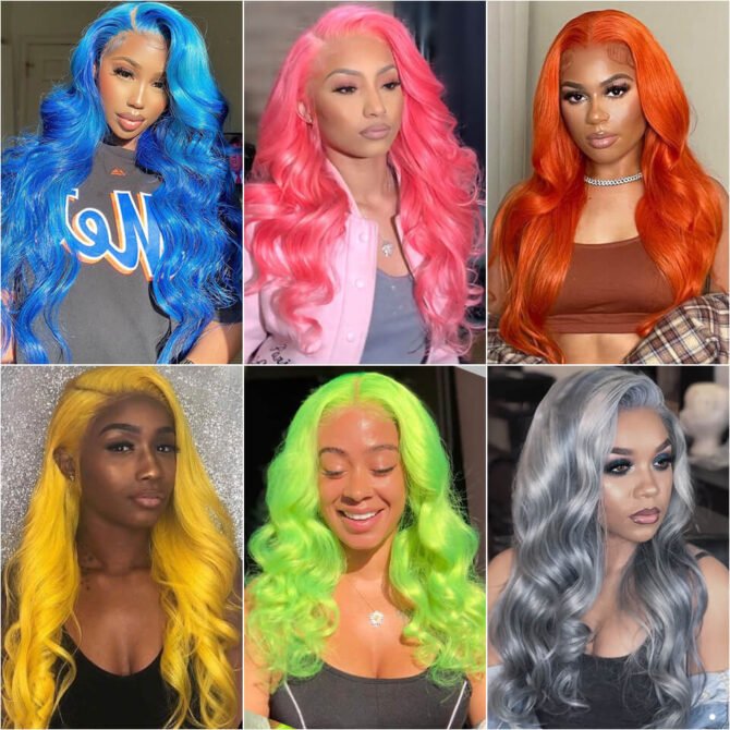 Colorful Body Wave 13x4 Lace Frontal Wig 100% Human Hair Blue Orange Pink Green Grey Yellow Color