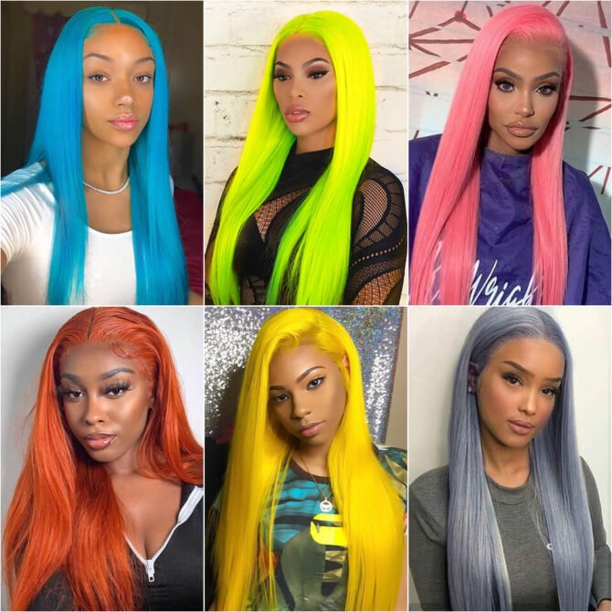 Colorful Straight Hair 13x4 Lace Frontal Wig Blue Orange Pink Green Grey Yellow Color 180 Density