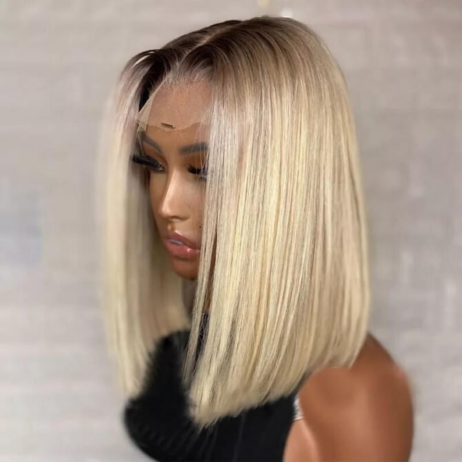 4/613 Blonde Bob Wigs With Dark Brown Roots Ombre 1B/613 13x4 Lace Front Bob Wigs