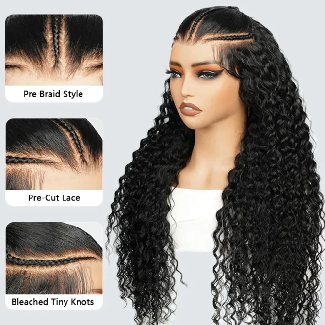 Pre Braided Deep Wave Glueless Human Hair Wig 9x6 Lace Pre Everything Flexi-Fit Cap With Knots Bleached
