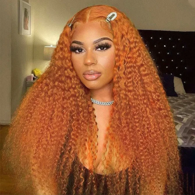 Ginger Orange Color Curly Wig 13x4 HD Lace Front Wigs Colored Human Hair 180% Density