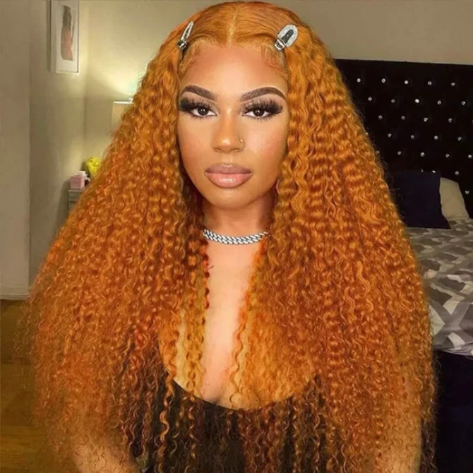 Ginger Orange Color Curly Wig 13x4 HD Lace Front Wigs Colored Human Hair 180% Density