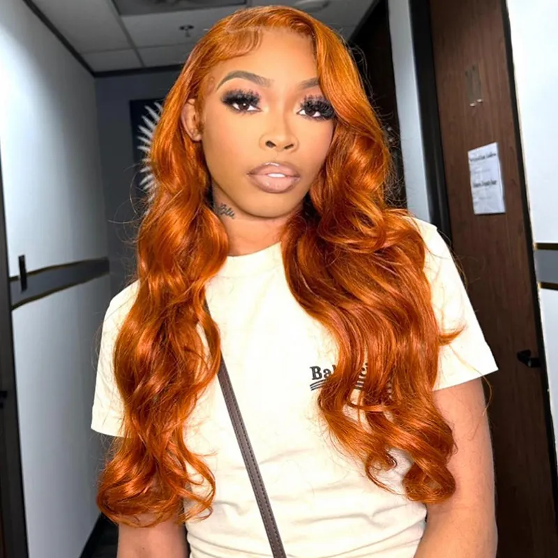 Ginger Orange Color 13x4 HD Lace Front Wig Body Wave Human Hair Wigs 180% Density