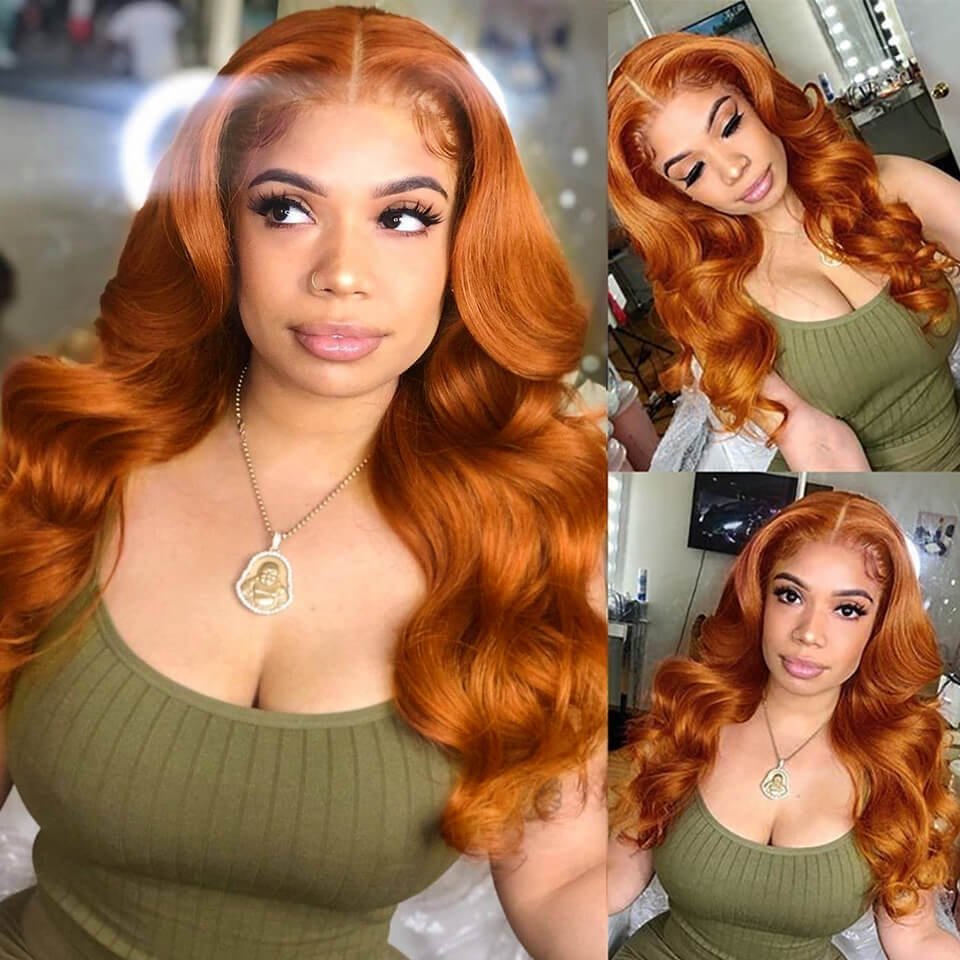 Ginger Orange Color 13x4 HD Lace Front Wig Body Wave Human Hair Wigs 180% Density