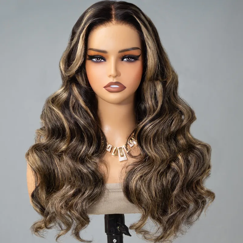 Wear Go Balayage Highlight Body Wave Wig Pre-Cut Lace Straight Hair Glueless Wig Upgrade 6x5 HD Lace Barrel Curls