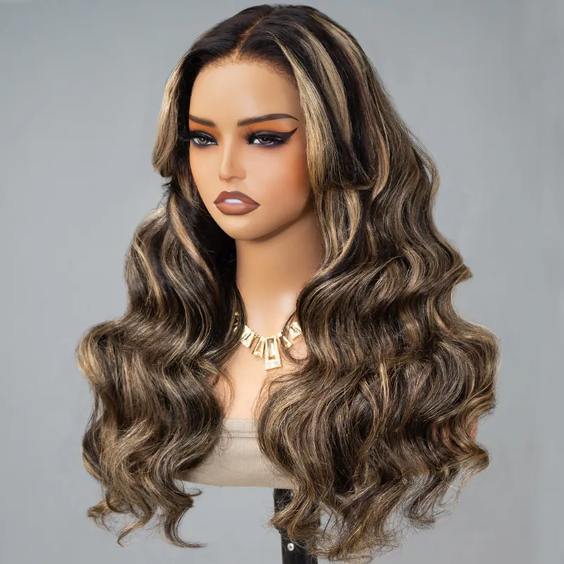 Wear Go Balayage Highlight Body Wave Wig Pre-Cut Lace Straight Hair Glueless Wig Upgrade 6x5 HD Lace Barrel Curls
