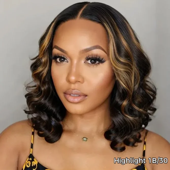 Highlight Color Short Loose Body Wave 6x5 HD Lace Glueless Wig Brown With Blonde 4/27 100% Human Hair