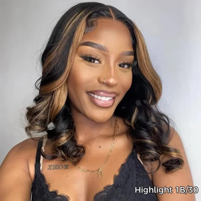 Highlight Color Short Loose Body Wave 6x5 HD Lace Glueless Wig Brown With Blonde 4/27 100% Human Hair