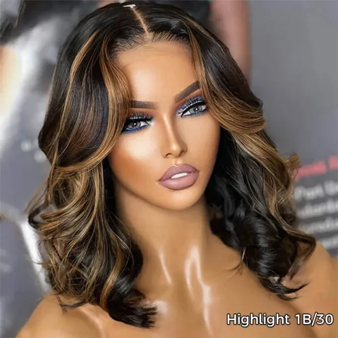 Highlight Color Short Loose Body Wave 6x5 HD Lace Glueless Wig Brown With Blonde 4/27 100% Human Hair
