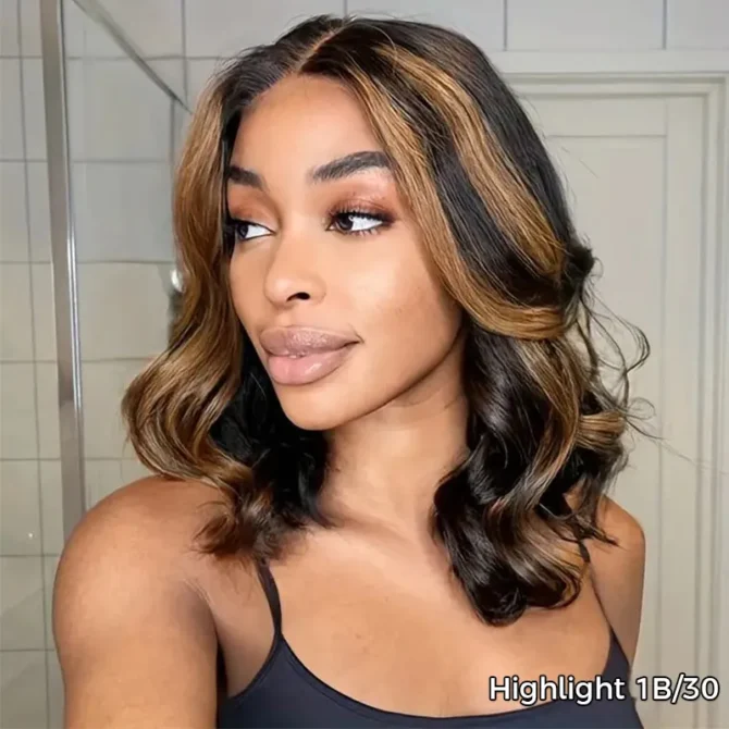 Highlight Color Short Loose Body Wave 6x5 HD Lace Glueless Wig Brown With Blonde 4/27 100% Human Hair