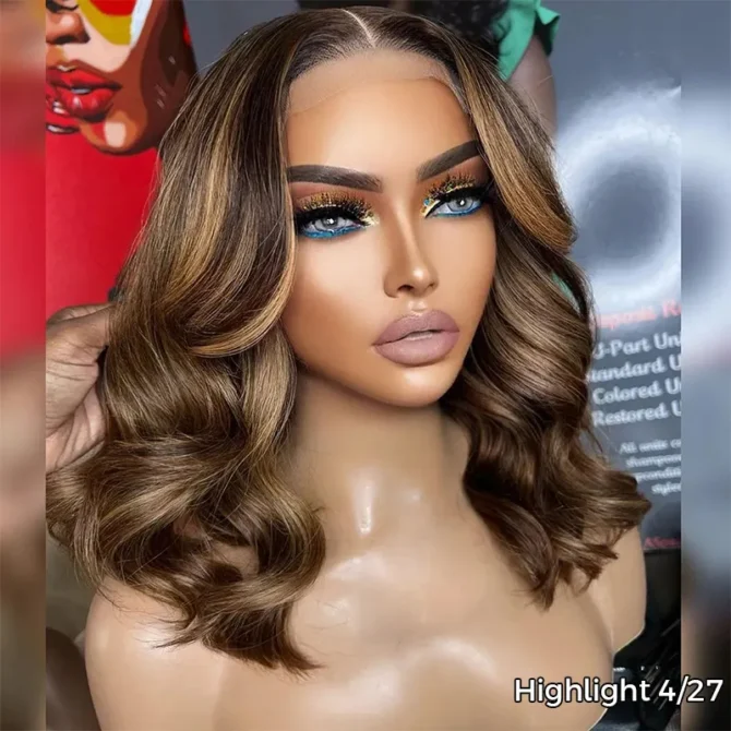 Highlight Color Short Loose Body Wave 6x5 HD Lace Glueless Wig Brown With Blonde 4/27 100% Human Hair