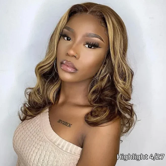 Highlight Color Short Loose Body Wave 6x5 HD Lace Glueless Wig Brown With Blonde 4/27 100% Human Hair