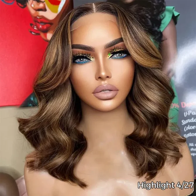 Highlight Color Short Loose Body Wave 6x5 HD Lace Glueless Wig Brown With Blonde 4/27 100% Human Hair