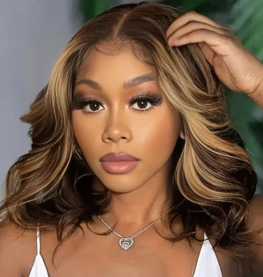 Short Loose Body Wave Glueless 6x5 Lace Wig Bouncy Curls Highlight 4/27 Honey Blonde Color