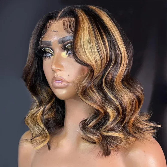 Short Loose Body Wave Glueless 6x5 Lace Wig Bouncy Curls Highlight 4/27 Honey Blonde Color