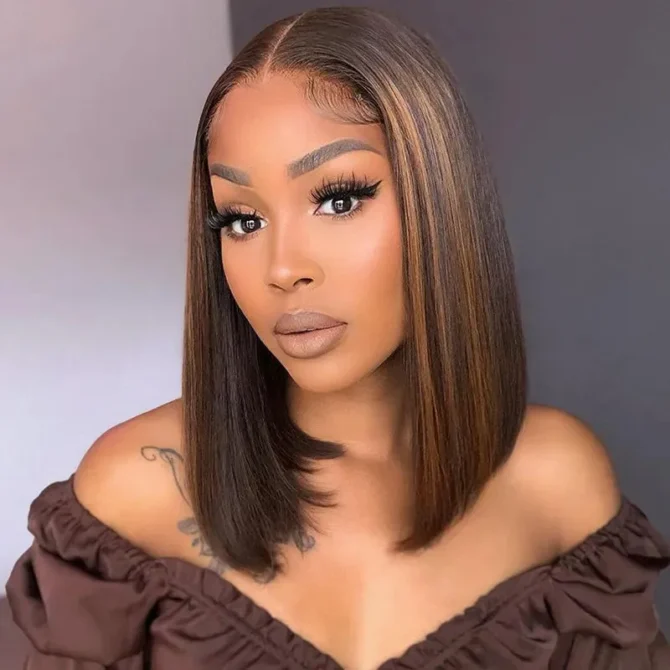 Blonde Highlight Mix Color Short Bob Straight Human Hair 6x5 Glueless Pre-Cut Lace Wig Bleached Knots