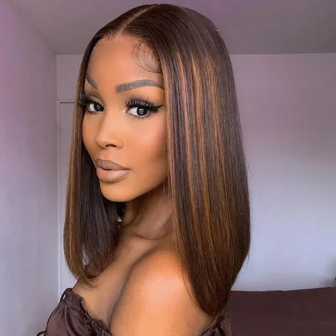 Blonde Highlight Mix Color Short Bob Straight Human Hair 6x5 Glueless Pre-Cut Lace Wig Bleached Knots