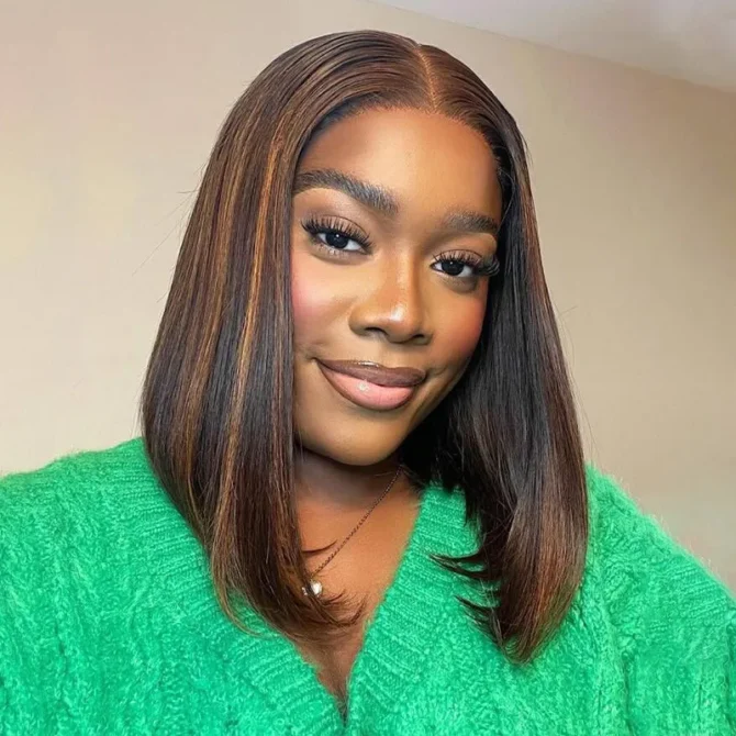 Blonde Highlight Mix Color Short Bob Straight Human Hair 6x5 Glueless Pre-Cut Lace Wig Bleached Knots