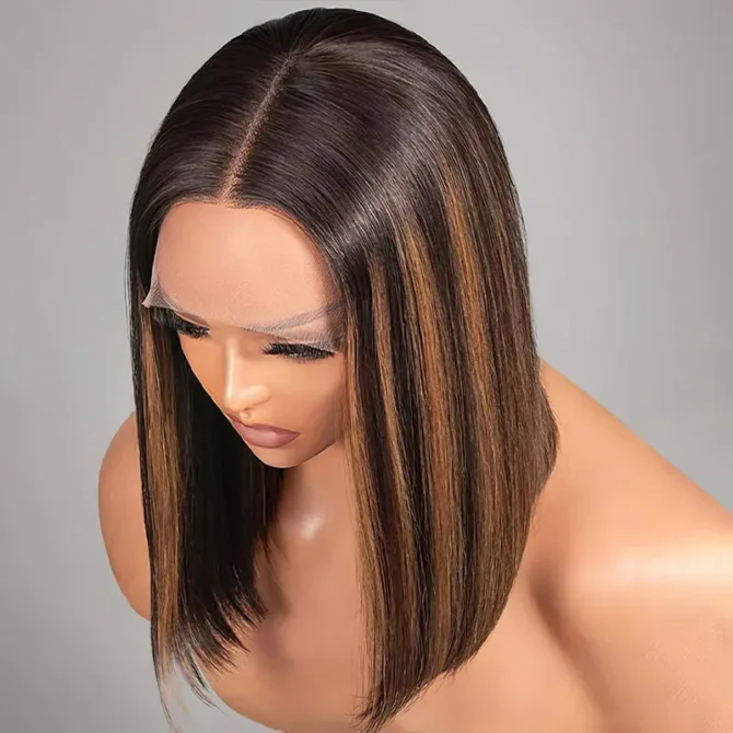 Blonde Highlight Mix Color Short Bob Straight Human Hair 6x5 Glueless Pre-Cut Lace Wig Bleached Knots