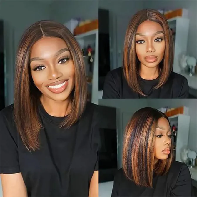 Highlight Short Bob Wigs Straight Hair Glueless 6x5 Lace Wig Mix Color Pre Bleached Knots 180% Density