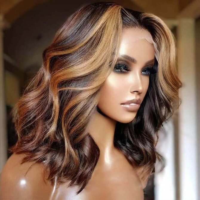 Highlight Color Short Body Wave Human Hair 6x5 13x4 HD Lace Front Wig Glueless Shoulder Length 200% Density