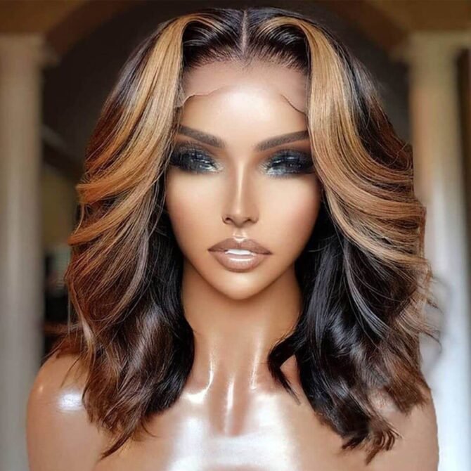 Highlight Color Short Body Wave Human Hair 6x5 13x4 HD Lace Front Wig Glueless Shoulder Length 200% Density