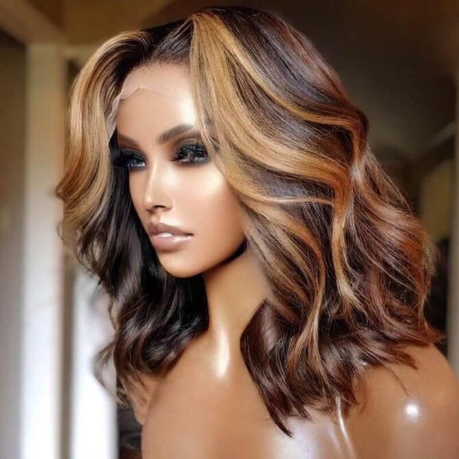 Highlight Color Short Body Wave Human Hair 6x5 13x4 HD Lace Front Wig Glueless Shoulder Length 200% Density