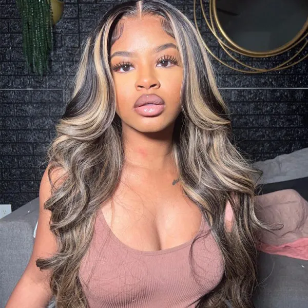 Wear Go Balayage Highlight Body Wave Wig Pre-Cut Lace Straight Hair Glueless Wig Upgrade 6x5 HD Lace Barrel Curls