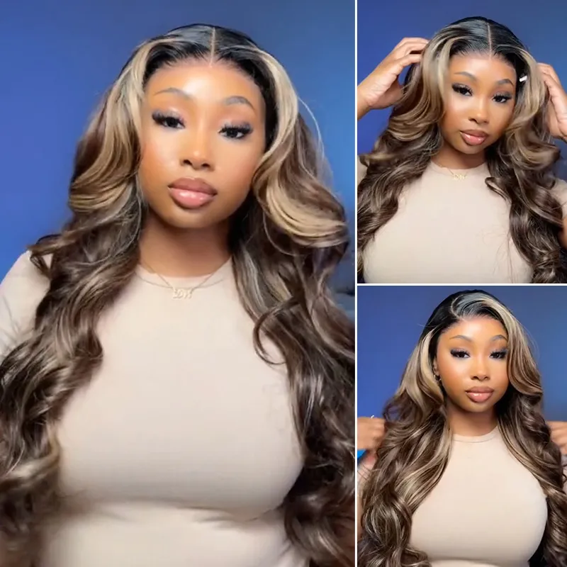 Balayage Highlight Straight/Body Wave 6x5 Lace Glueless Human Hair Wig Ash Blonde Color