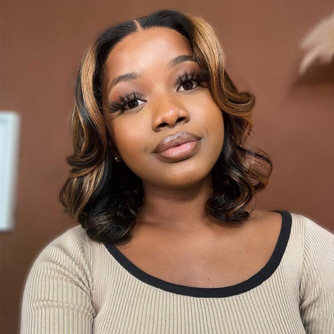 Short Loose Wave Bob Human Hair Wig 6x5 HD Pre-Cut Lace Glueless Blonde Highlight Color Bleached Knots