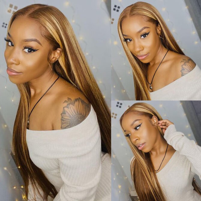4/27 Highlight Straight 6x5 Wear Go 13x4 HD Glueless Lace Front Wig Honey Blonde Mix Brown Color