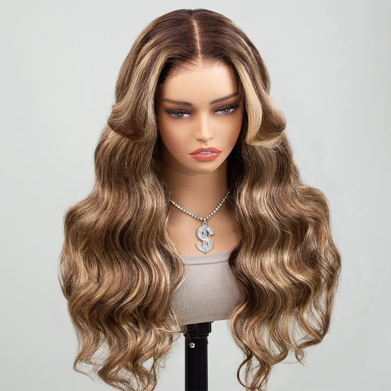 Balayage Highlight Straight/Body Wave 6x5 Lace Glueless Human Hair Wig Ash Blonde Color