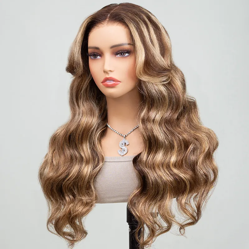 Balayage Highlight Straight/Body Wave 6x5 Lace Glueless Human Hair Wig Ash Blonde Color