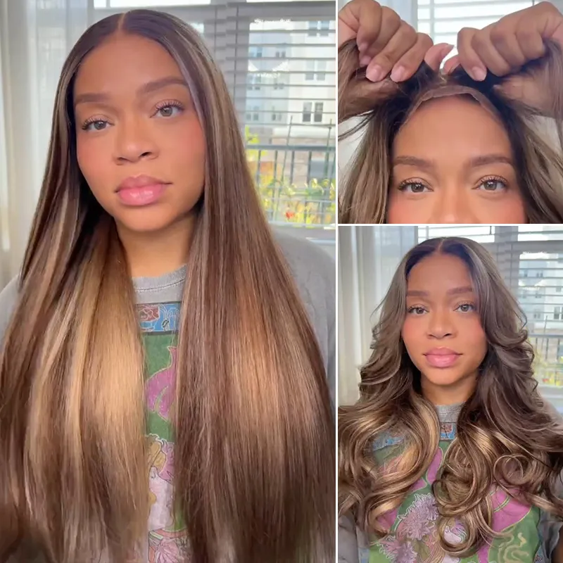 Balayage Highlight Straight/Body Wave 6x5 Lace Glueless Human Hair Wig Ash Blonde Color