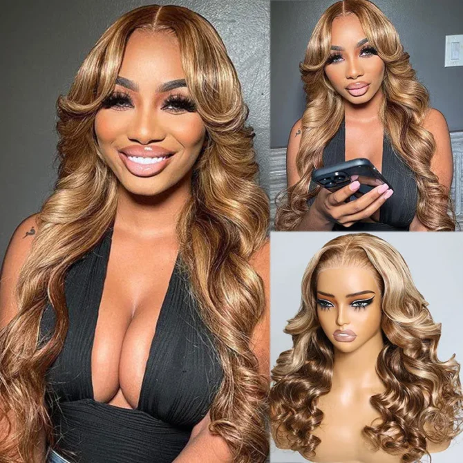 Honey Blonde Highlight Straight/Body Wave 6x5 Lace Glueless Human Hair Wig Pre Cut Lace & Bleached