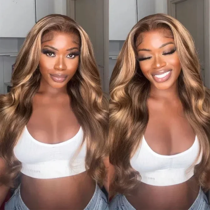 Honey Blonde Highlight Straight/Body Wave 6x5 Lace Glueless Human Hair Wig Pre Cut Lace & Bleached