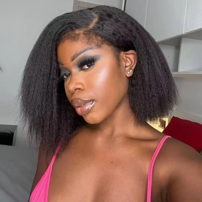 4C Edges Hairline | Kinky Straight Short Bob Human Hair Glueless Wigs Side Part 180% Density