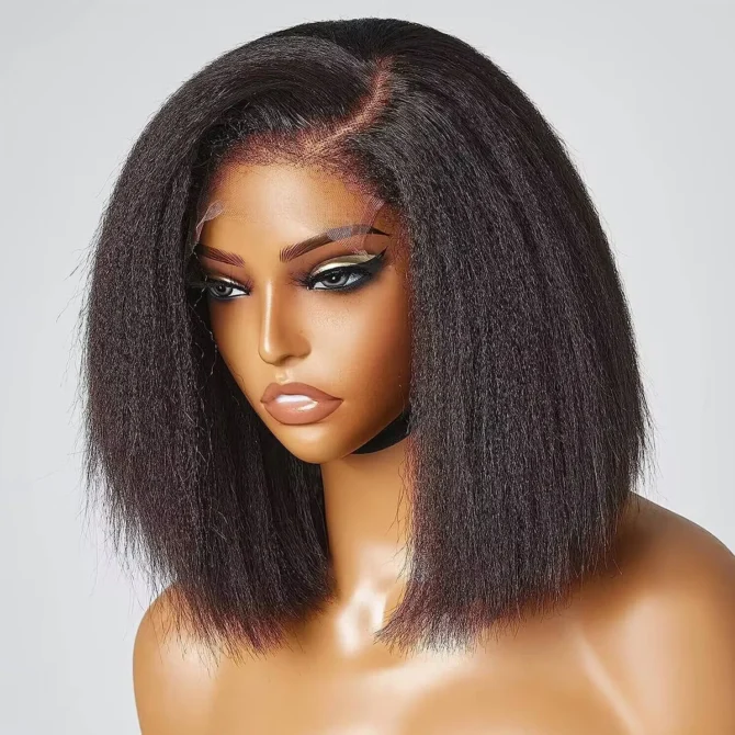 4C Edges Hairline | Kinky Straight Short Bob Human Hair Glueless Wigs Side Part 180% Density