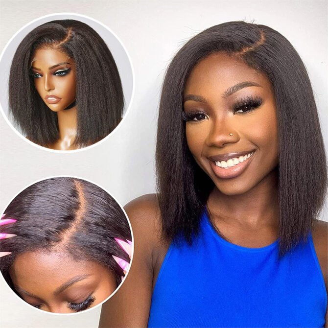 4C Edges Hairline | Kinky Straight Short Bob Human Hair Glueless Wigs Side Part 180% Density