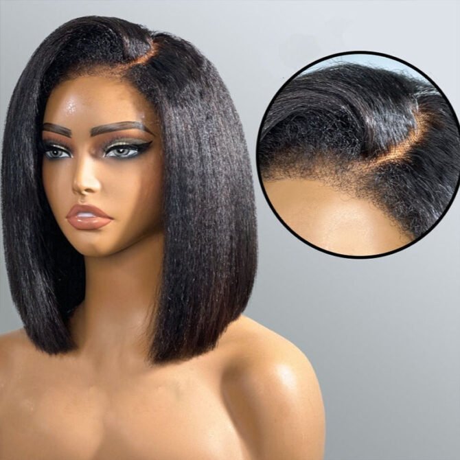 4C Edges Hairline | Kinky Straight Short Bob Human Hair Glueless Wigs Side Part 180% Density
