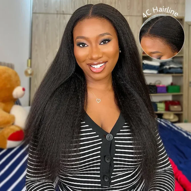 4C Edges Kinky Straight 5x5 13x4 HD Lace Glueless Wig | Realistic Kinky Hairline