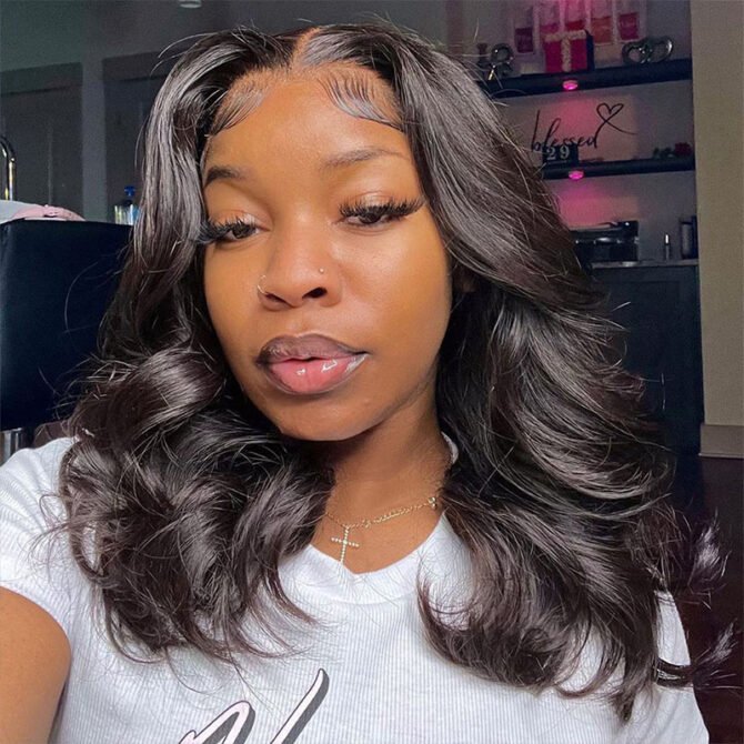 Short Loose Body Wave Wear Go Glueless Human Hair Wig 6x5 HD Lace Natural Black Color