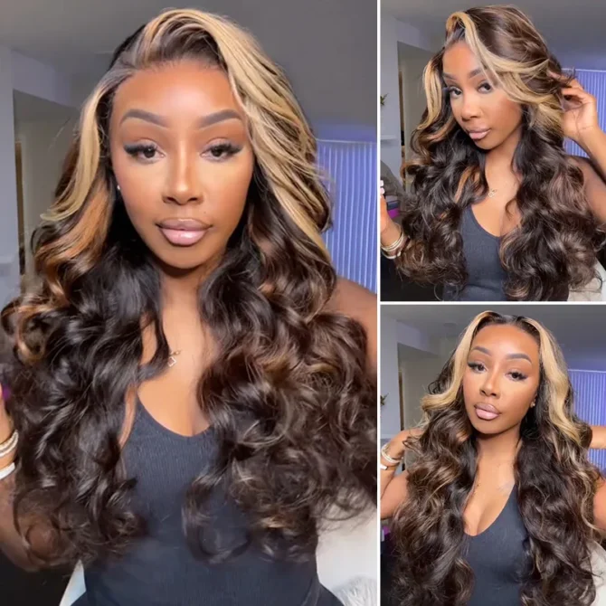 Brown With Blonde Color Balayage Highlight 6x5 Lace Glueless Straight/Body Wave Human Hair Wig