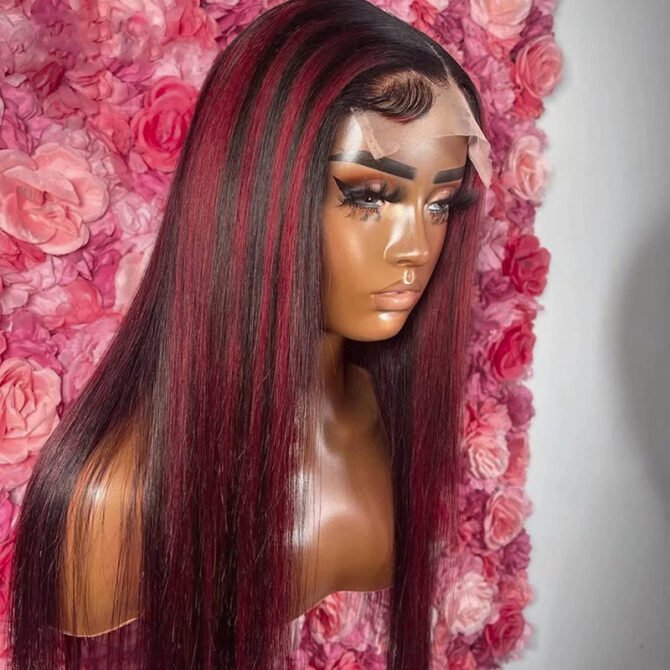 Burgundy Highlight Straight Hair Glueless Wig P1B/99J 13x4 HD Lace Frontal Wig