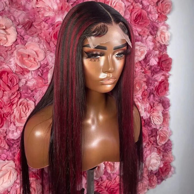 Burgundy Highlight Straight Hair Glueless Wig P1B/99J 13x4 HD Lace Frontal Wig