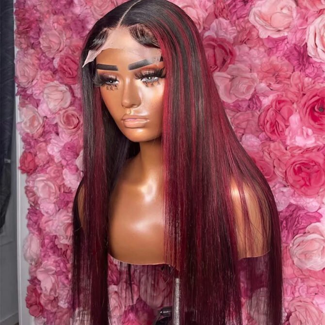 Burgundy Highlight Straight Hair Glueless Wig P1B/99J 13x4 HD Lace Frontal Wig