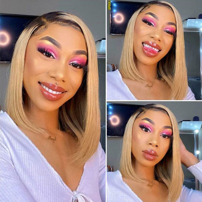 Ombre Color Bob 6x5 HD Lace Closure Wigs Short Honey Blonde Human Hair Wigs 180% Density