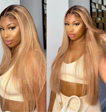 Ombre Honey Blonde Straight/Body Wave 6x5 Lace Glueless Human Hair Wig with Brown Roots