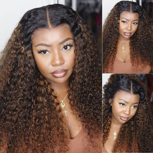 Ombre Highlight Curly Wig with Dark Roots 13x4 HD Lace Frontal Wig 100% Human Hair