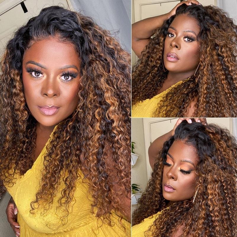 Ombre Highlight Curly Wig with Dark Roots 13x4 HD Lace Frontal Wig 100% Human Hair